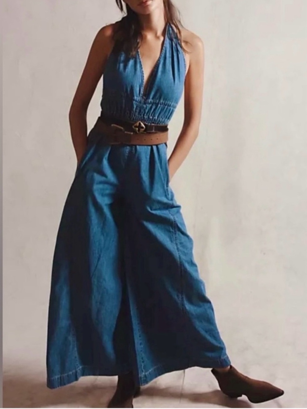 Free People Denim Halter Wide-Leg Denim Jumpsuit - Med $198!